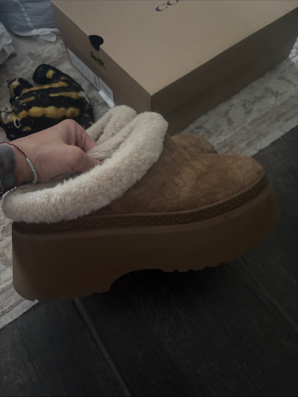 Coach Tan Suede Platform Clog with Cream Shearling